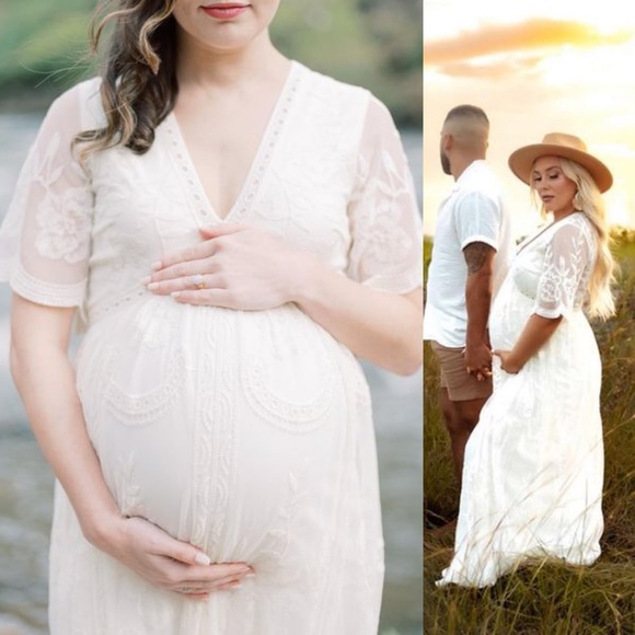 Pinkblush Maternity White Lace Overlay V Neck Maxi Dress - Picture 13 of 14